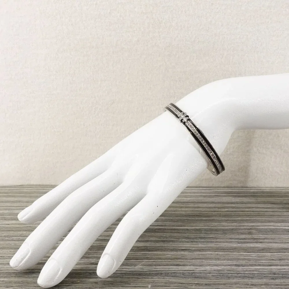Tory Burch Kira Pave Enamel Hinge Bracelet Black/ Silver OS - Picture 7 of 14